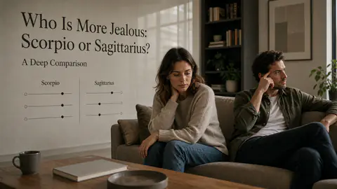 Two people in a tense relationship conversation with the title Who Is More Jealous Scorpio or Sagittarius integrated into the wall