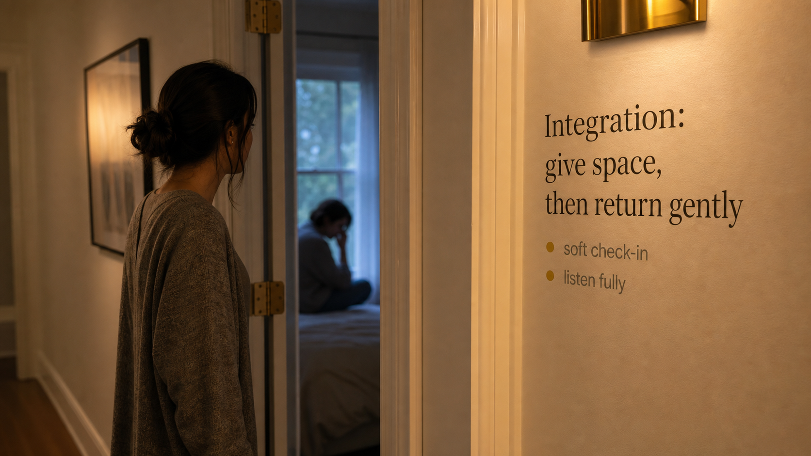 Quiet hallway scene showing how to give Cancer space and return gently