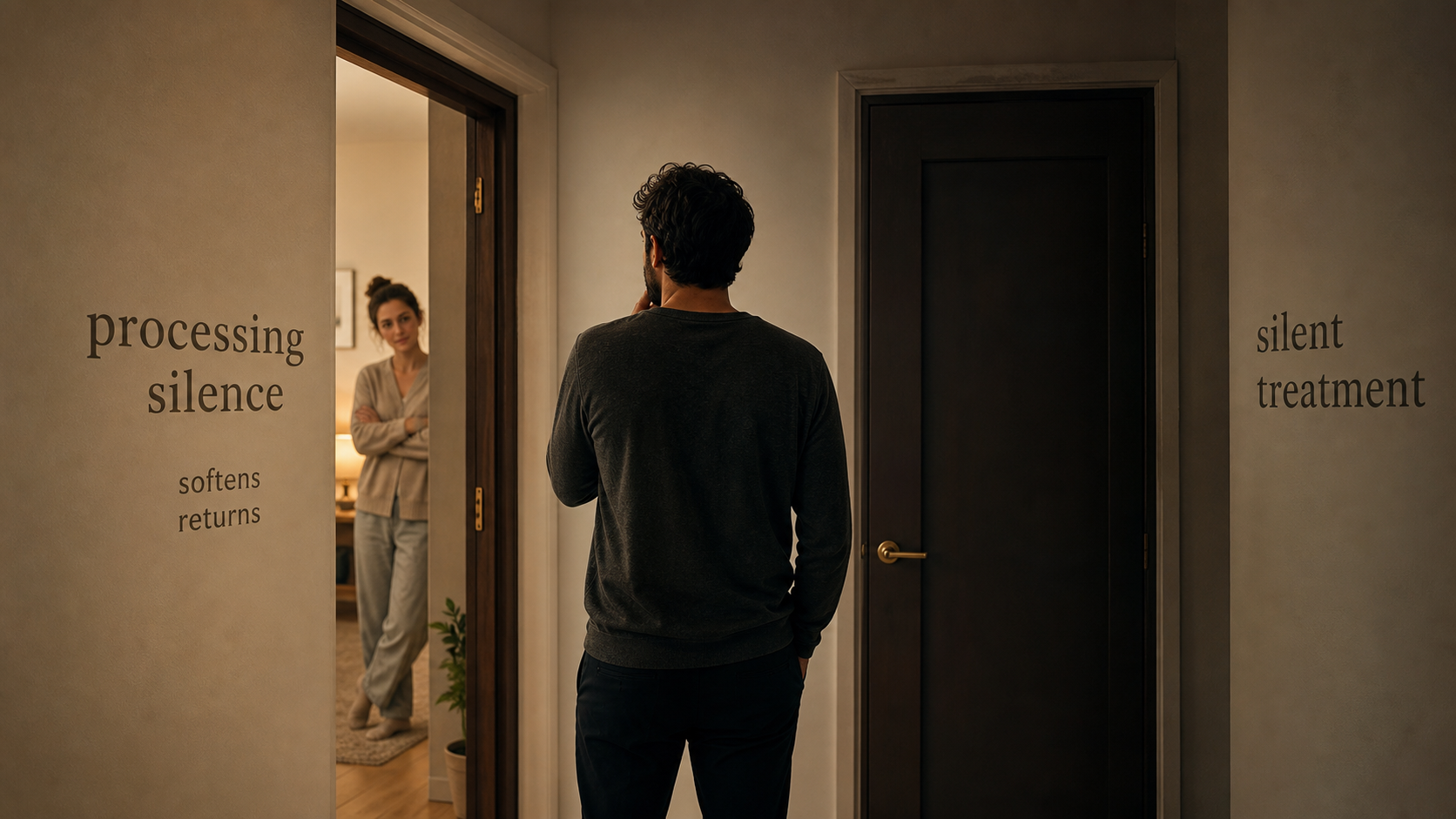 Two-doorway scene comparing processing silence and silent treatment for Cancer upset