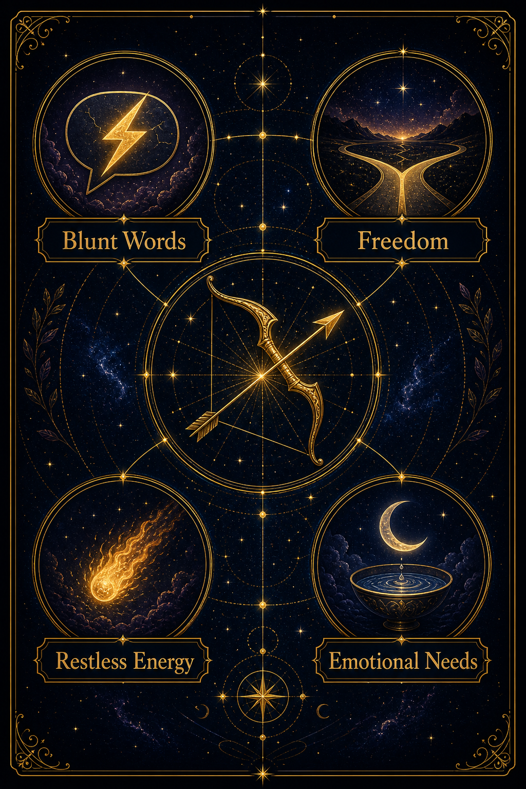 Sagittarius clash patterns infographic with blunt words, freedom, restless energy, and emotional needs