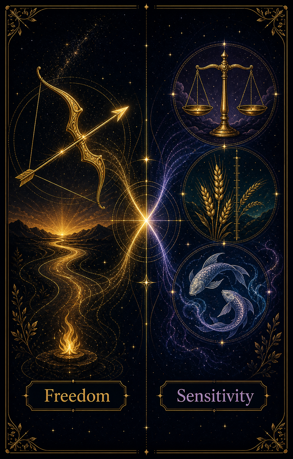 Sagittarius compatibility tension infographic showing freedom and sensitivity