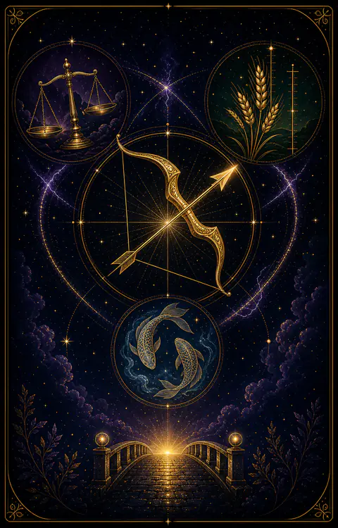 Sagittarius clash article hero with golden bow, zodiac symbols, and bridge of understanding