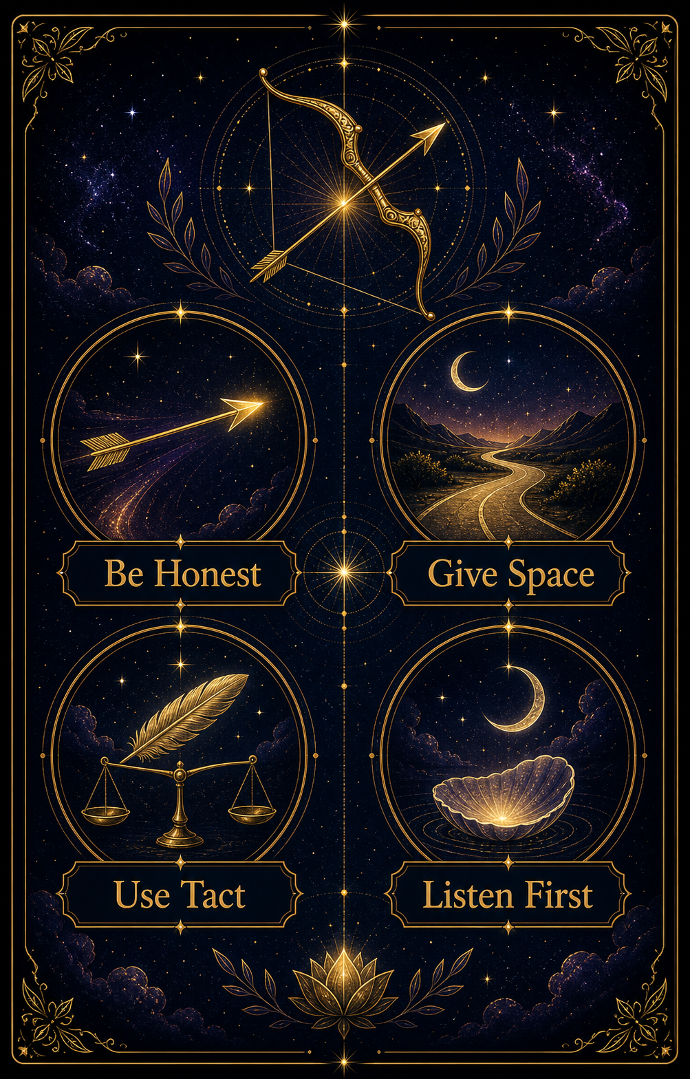 Sagittarius relationship advice infographic with honesty, space, tact, and listening
