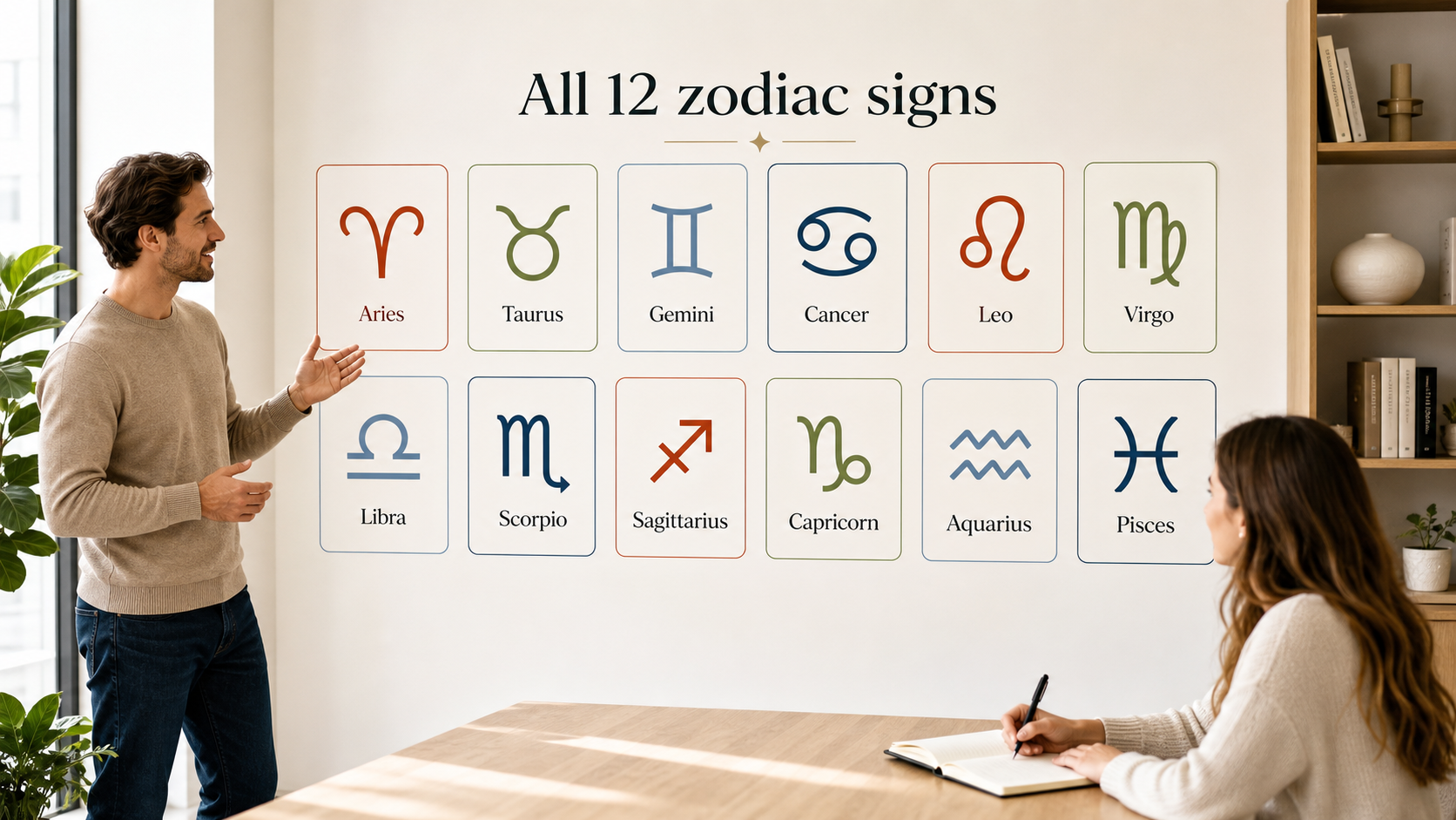 Modern studio wall showing all twelve zodiac signs with baked-in sign names and glyphs