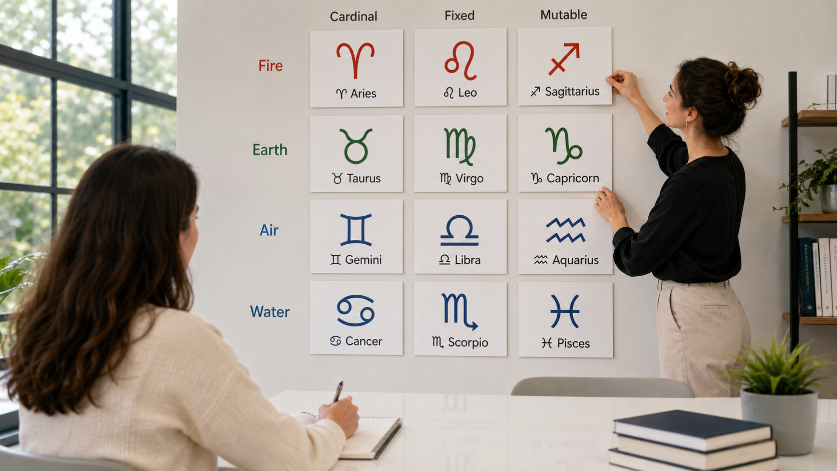 Modern wall grid showing the twelve zodiac signs grouped by element and modality