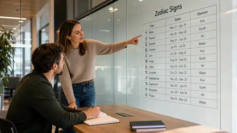Two adults review zodiac signs on a modern glass wall with all twelve signs, elements, and modalities