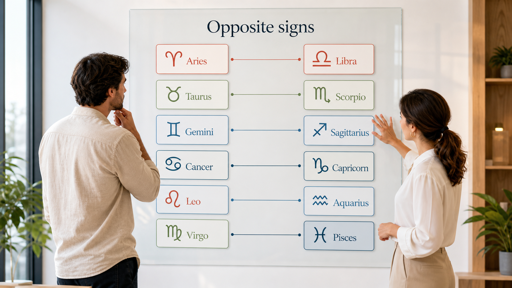 Modern wall display showing the six opposite zodiac sign pairs with baked-in glyphs and names