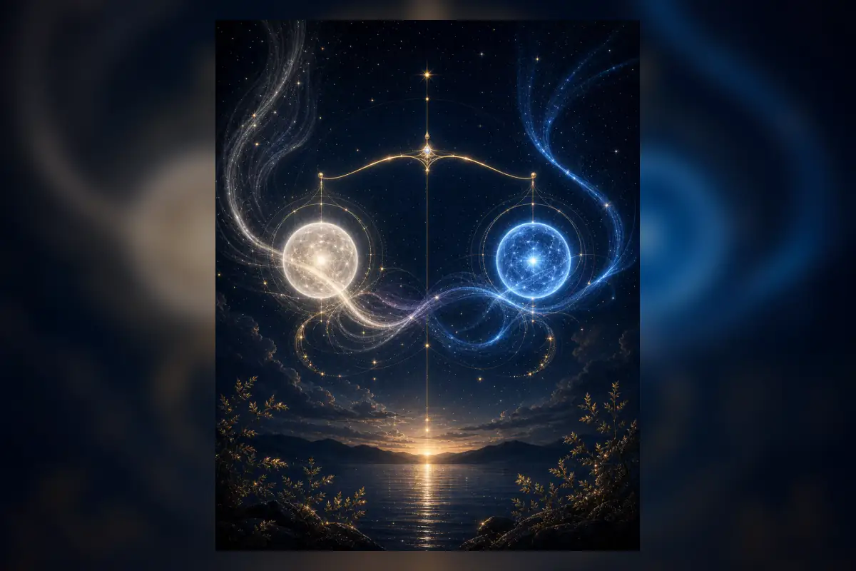Two luminous chart bodies connected like a synastry compatibility image