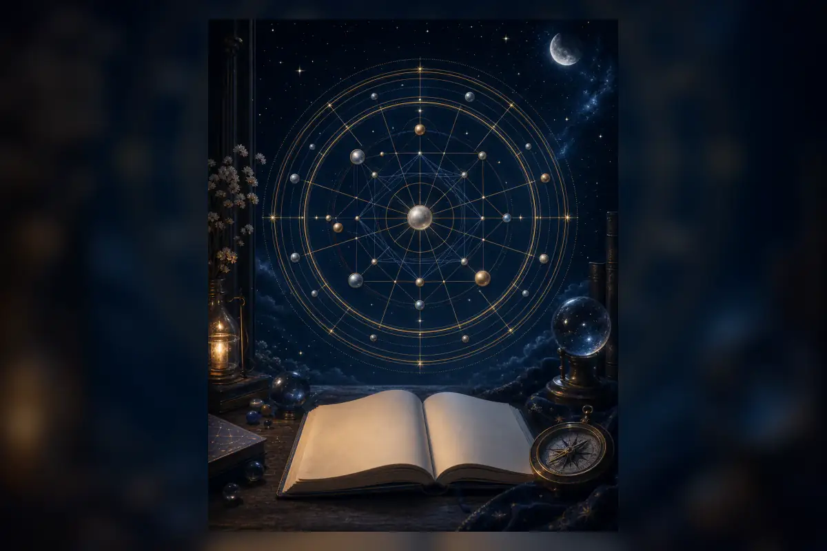 Natal chart artwork with planets arranged across houses